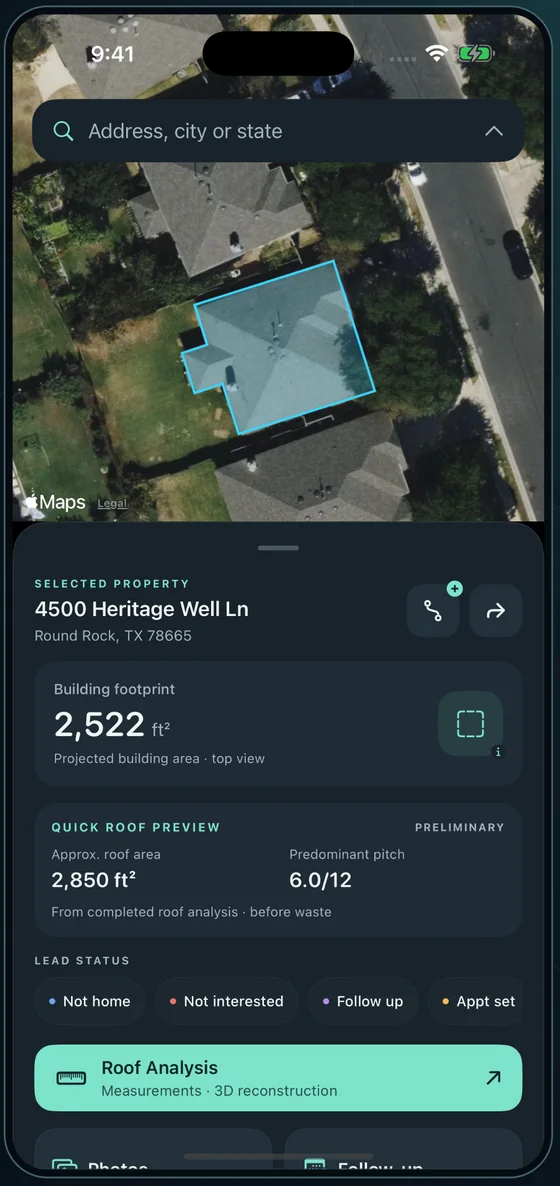 RoofTap map with a selected roof outline and quick roof preview