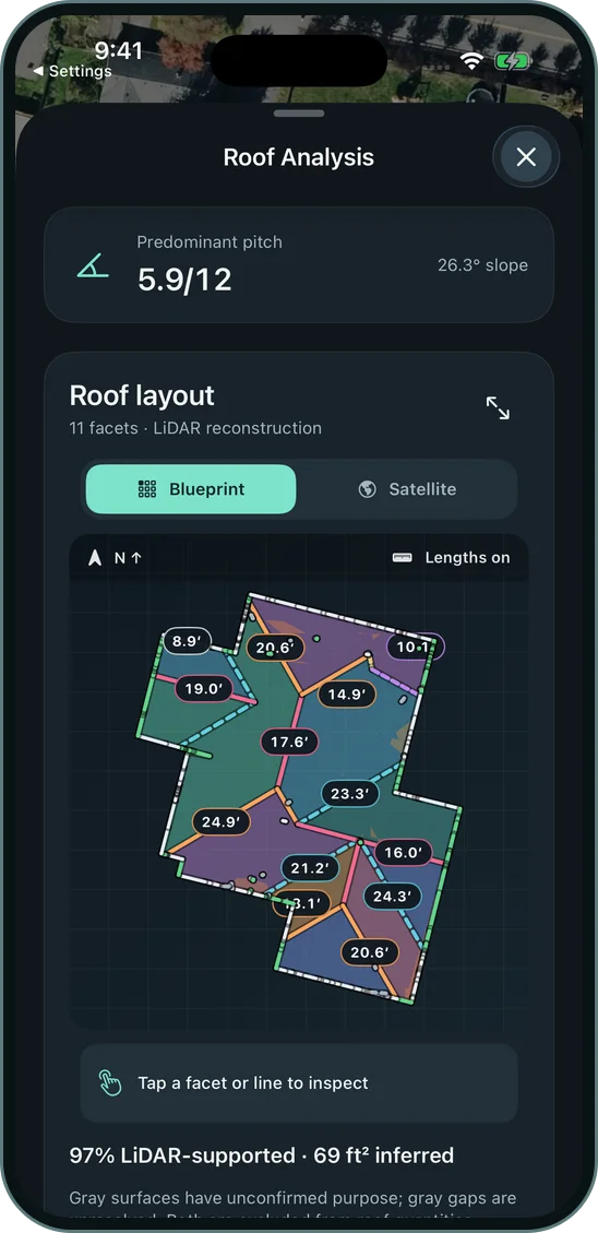 2D roof blueprint with facets and edge lengths